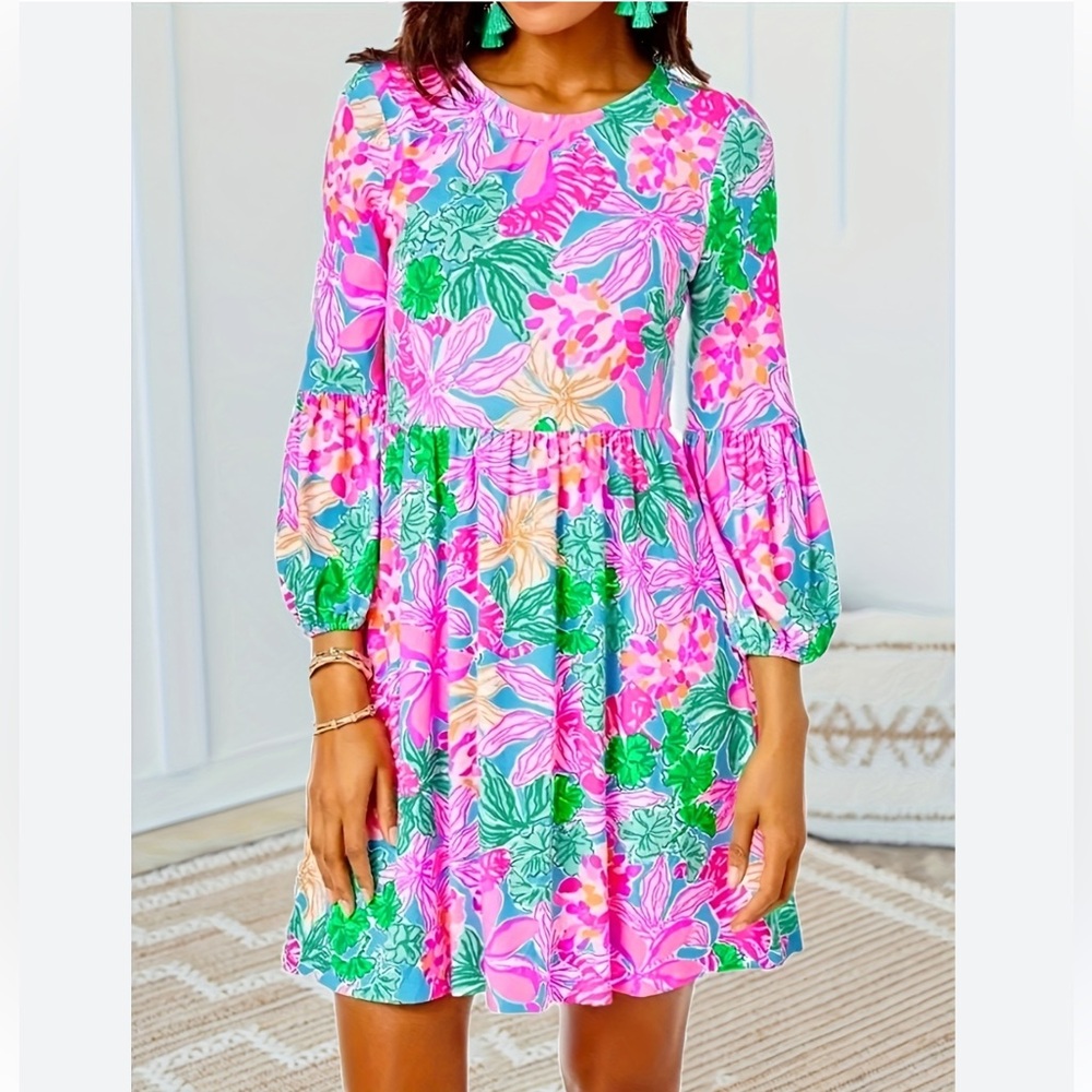 Lilly Pulitzer Vibrant Pink and Green Long Sleeve Dress - Picture 2 of 7
